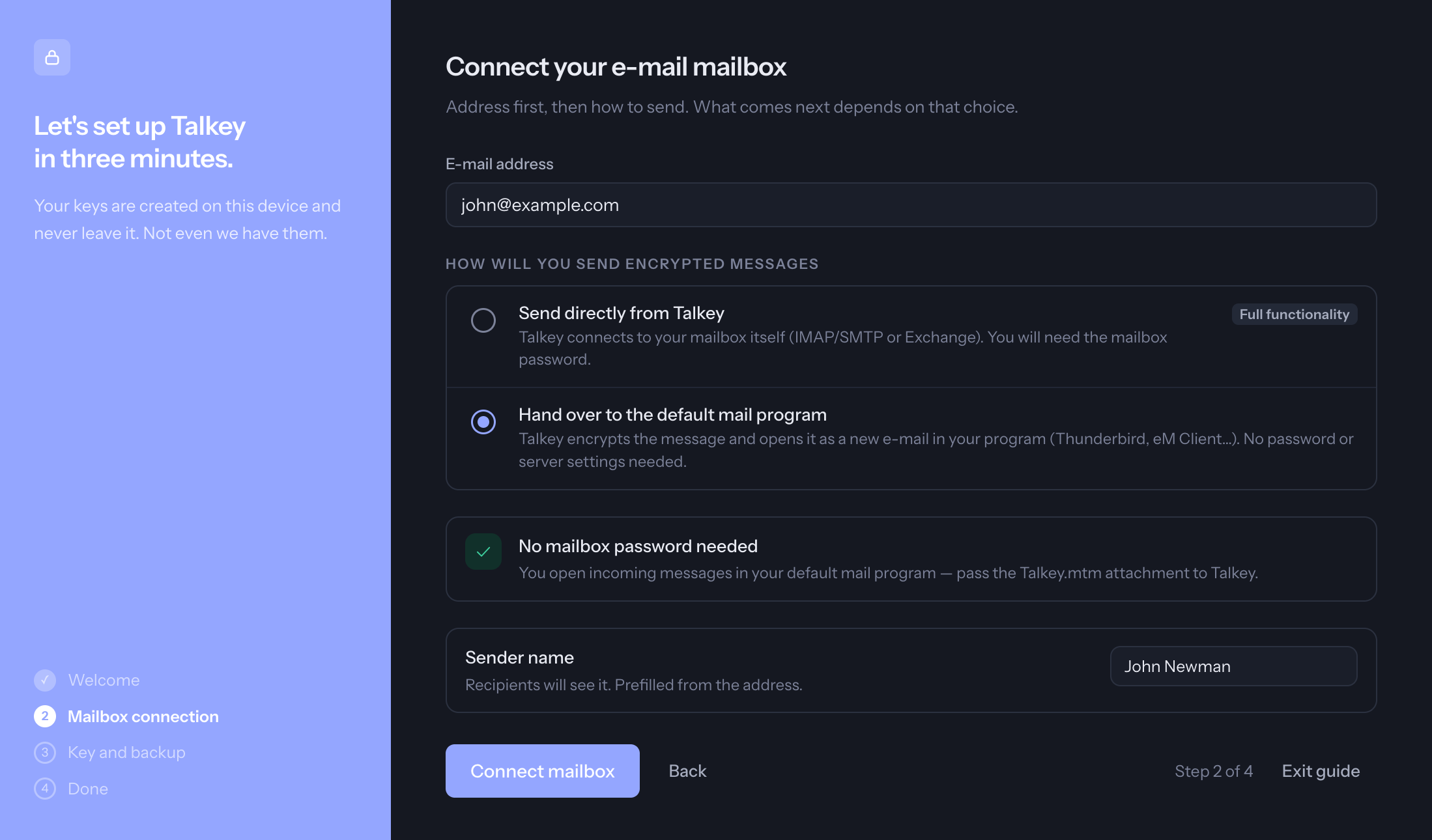 Connecting a mailbox – sending method