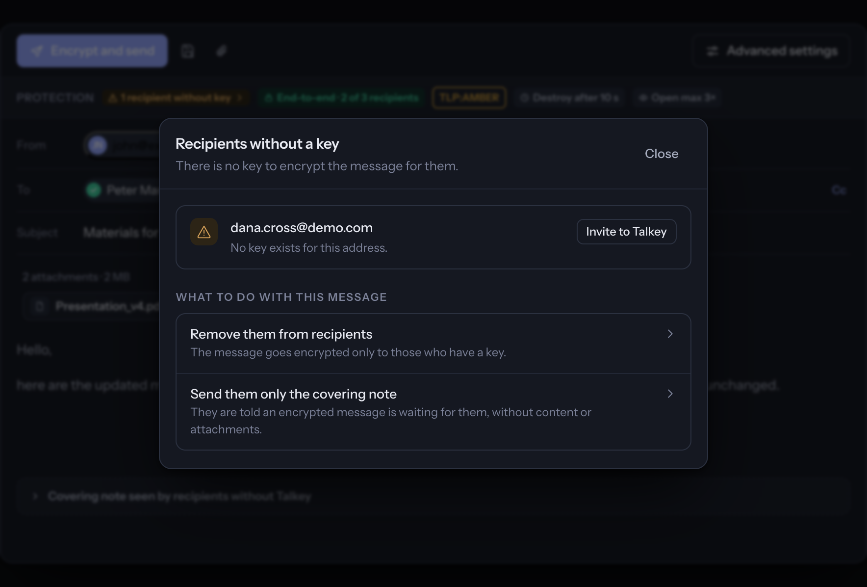 Recipients without a key panel