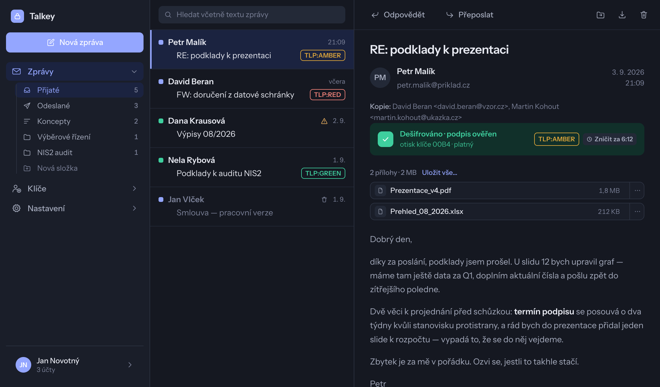 Otevřená zpráva s bezpečnostním pruhem a přílohou