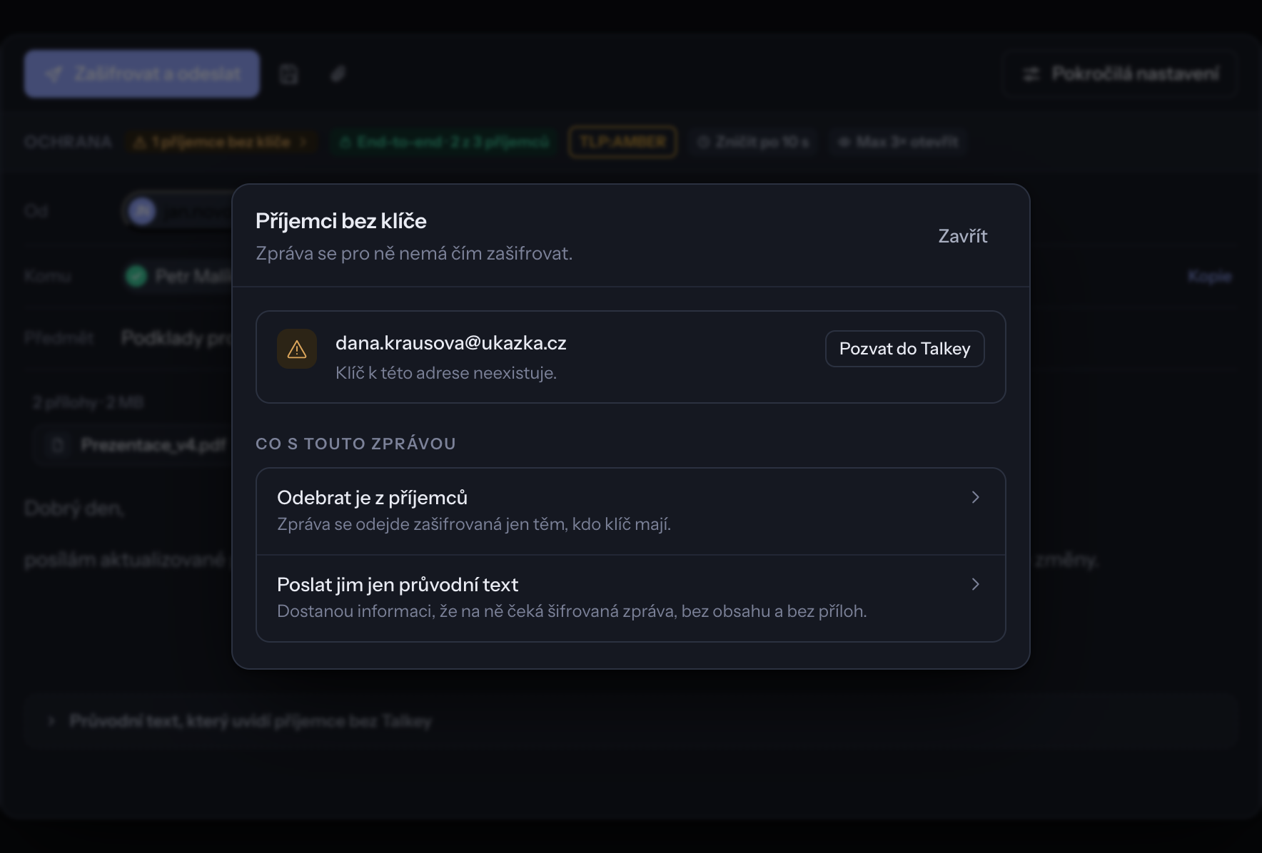 Panel Příjemci bez klíče
