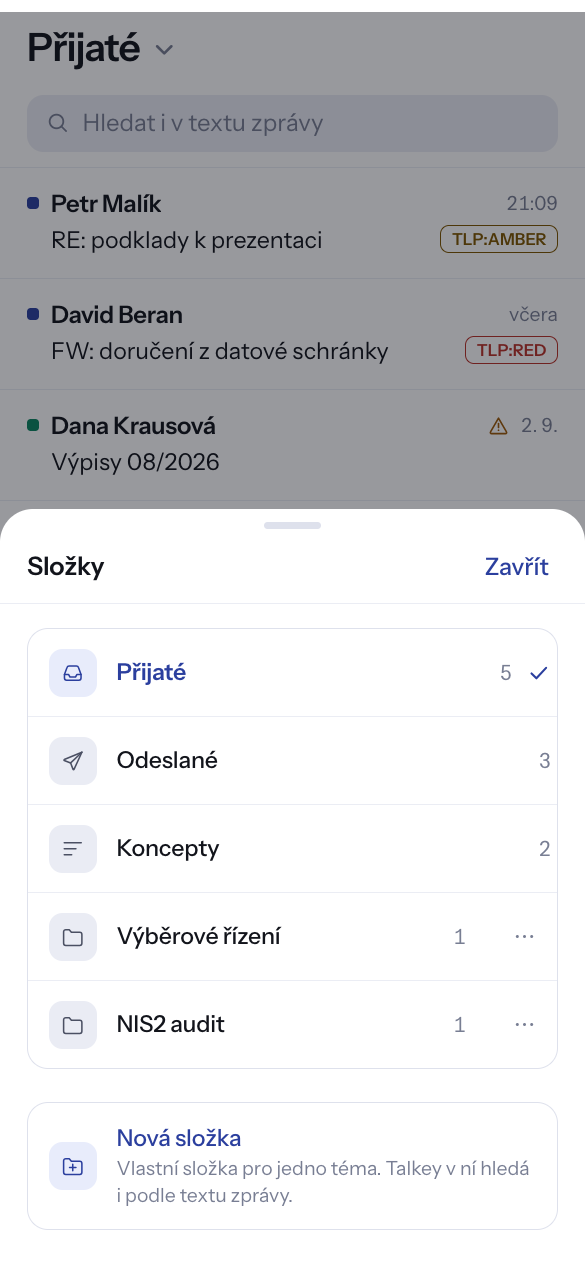 Panel složek na telefonu